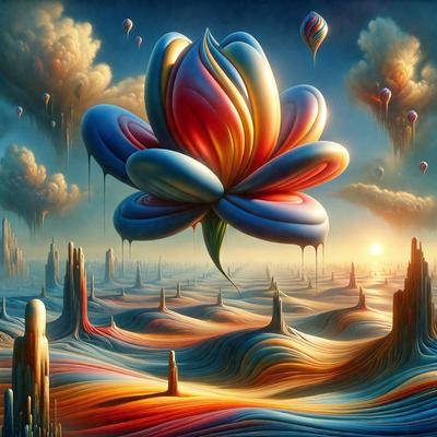 The primary subject of the image is a large, colorful flower with a vibrant pink center, surrounded by a variety of other flowers. The setting is a surreal landscape with a sky background, featuring a mix of clouds and balloons. The visual style is a combination of digital art and illustration, creating a whimsical and imaginative scene. The dominant colors in the image are pink, blue, and orange, giving the scene a lively and cheerful atmosphere.